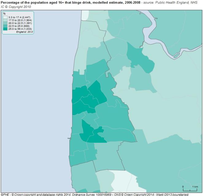 Blackpool ward map shows estimated proportion of those aged 16+ that binge drink varies across ward areas, with higher proportions in Blackpool wards.