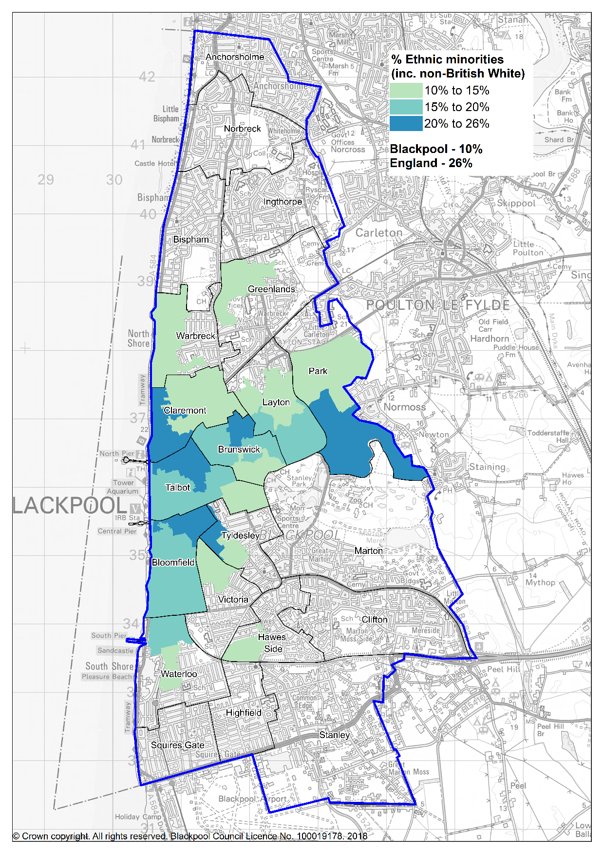 Census 2021 map of proportions of ethnic minority groups across Blackpool wards, with higher proportions in central and Grange Park / hospital areas