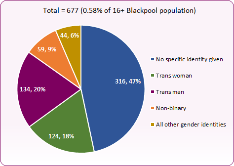 Pi chart showing proportion of Blackpool population reporting a different gender identity from se at birth in 2021 census, 0.58% of population reported a different sex at birth, with 47% of those reporting no specific identity, 20% reporting being a trans man and 18% a trans woman
