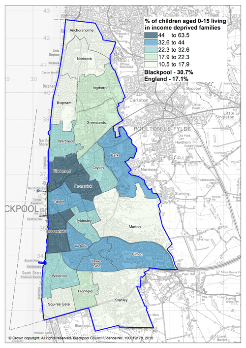 Blackpool wards map shows that the proportion of children living in income deprived households is higher in central wards, as well as Park, Hawes Side and Clifton wards.