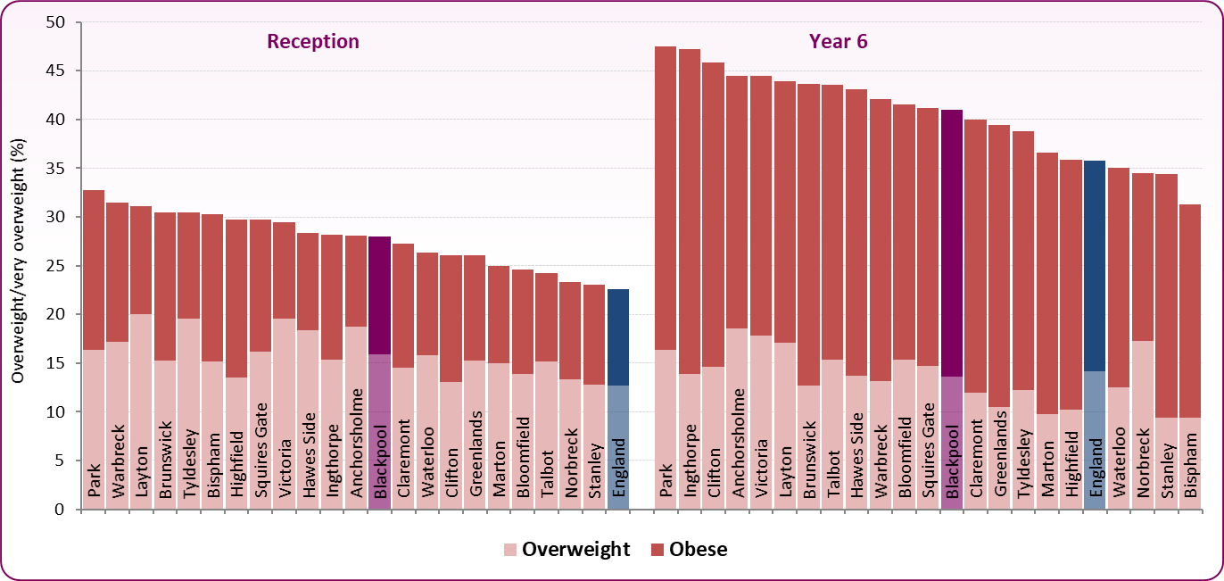 Bar chart show variations in obesity and excess weight across wards are apparent, though patterns differ between reception and year 6.